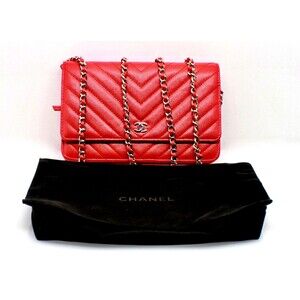 Chanel Caviar Quilted Chevron Wallet On Chain Red